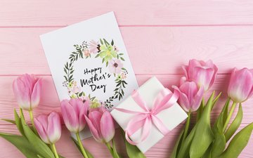 цветы, тюльпаны, розовые, подарок, день матери