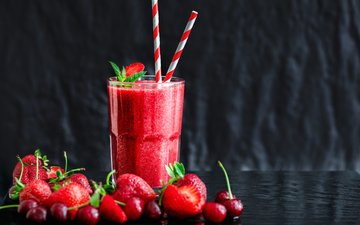 клубника, ягоды, вишня, стакан, смузи, aleksandr zamuruev
