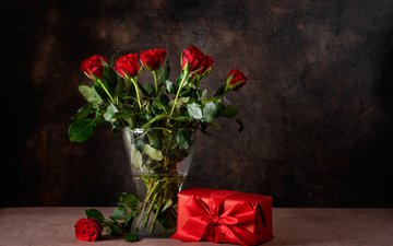 розы, красные, ваза, лента, подарок