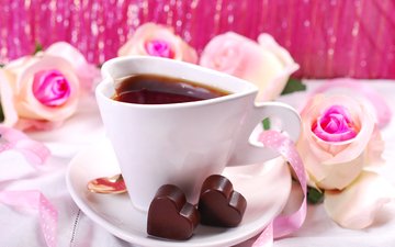 розы, кофе, конфеты, розовые, лента, сердечки