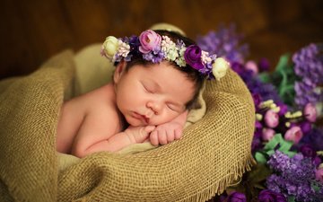 цветы, сон, дети, девочка, ткань, ребенок, младенец, венок, мешковина