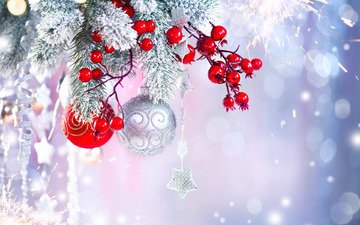 новый год, шары, украшения, ель, игрушки, ягоды, праздник, рождество, звездочка
