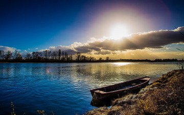 облака, река, солнце, лодка