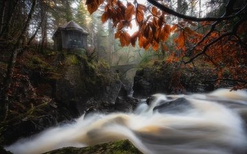река, лес, мост, водопад, осень, поток, здание, шотландия