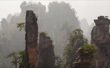 горы, скалы, туман, китай, zhangjiajie national park