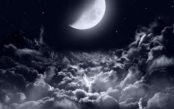 облака, звезды, луна, темнота, лунный свет, полумесяц, ночное небо