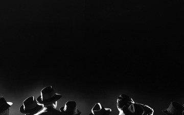 толпа, нуар, черно-белое фото, 20 век, мужчины в шляпах