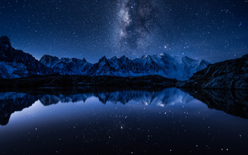 небо, ночь, озеро, горы, отражение, звезды, млечный путь