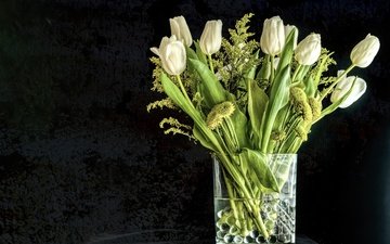 цветы, фон, черный фон, букет, тюльпаны, белые, ваза