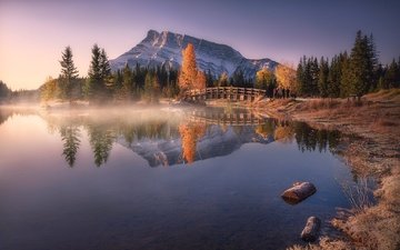 деревья, озеро, горы, отражение, мост, осень, канада, провинция альберта, национальный парк банф, канадские скалистые горы