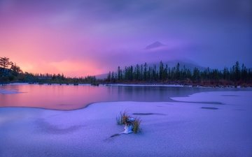 деревья, озеро, горы, закат, зима, канада, провинция альберта, национальный парк банф, канадские скалистые горы