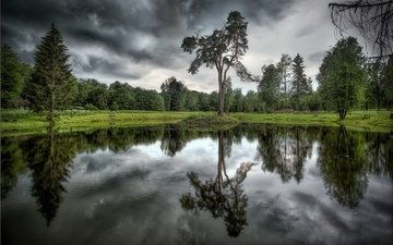 деревья, озеро, тучи, отражение