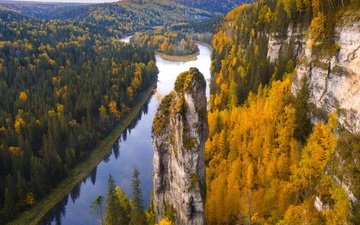 деревья, река, скалы, лес, осень, россия