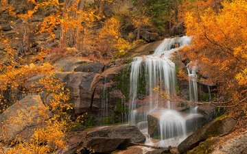 деревья, скала, водопад, осень, калифорния, каскад, eastern sierra