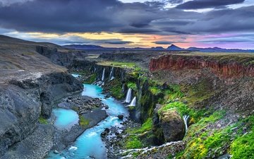 река, водопад, каньон, исландия, водопады, высокогорье, sigoldugljufur