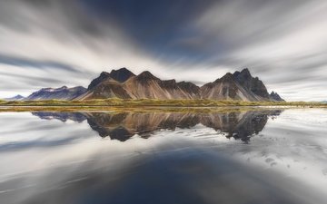 небо, вода, горы, скалы, отражение, исландия, vestrahorn