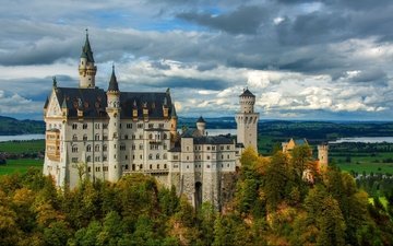 облака, лес, замок, осень, озёра, германия, бавария, замок нойшванштайн, баварские альпы, швангау