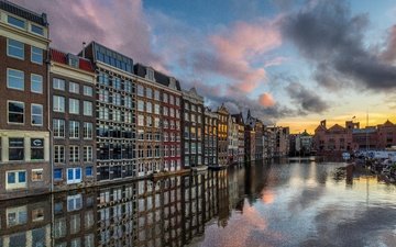 отражение, канал, дома, здания, нидерланды, амстердам