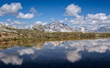 озеро, горы, отражение, панорама, швейцария, энгадин, swiss alps