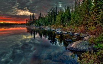 озеро, природа, камни, лес, закат, пейзаж, канада, онтарио, берега