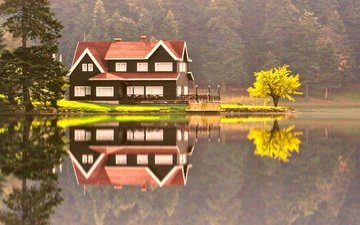 озеро, природа, лес, отражение, пейзаж, осень, дом, коттедж