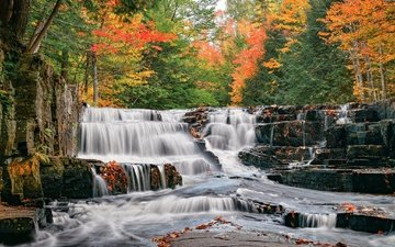 река, лес, осень, водопады, каскад, мичиган