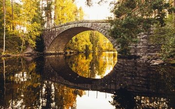 деревья, река, отражение, мост, осень, каменный мост