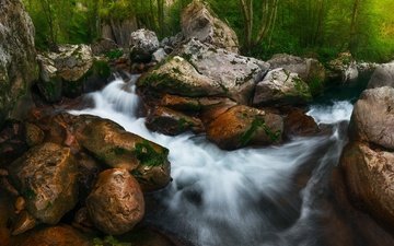 река, природа, камни, лес, водопад, валуны