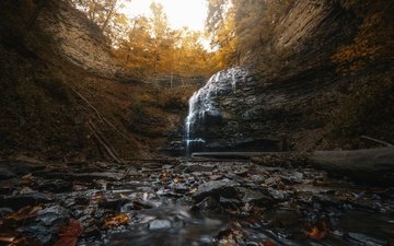 река, скалы, камни, водопад, осень