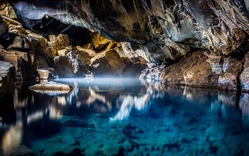 свет, вода, озеро, природа, камни, пещера, исландия, миватн