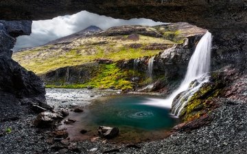 трава, горы, скалы, камни, склон, водопад, мох, арка, исландия