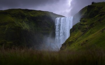 трава, горы, скалы, водопад, исландия, боке