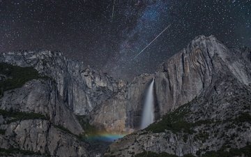 звезды, водопад, сша, калифорния, йосемити, национальный парк, сьерра-невада
