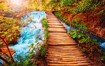 природа, водопад, осень, тропинка, деревянный мост, деревянный настил