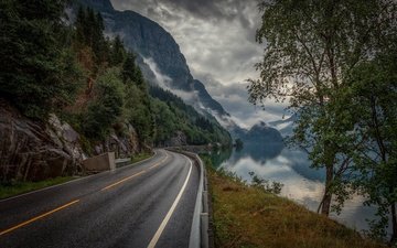 дорога, деревья, озеро, горы, норвегия