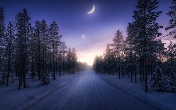 дорога, зима, луна