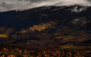 горы, лес, осень, темный фон