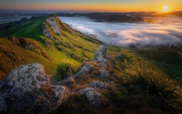 горы, восход, утро, туман, рассвет, новая зеландия