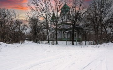 храм, закат, зима