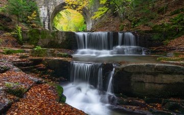 мост, водопад, осень, опавшие листья, каскад, болгария