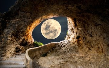небо, свет, ночь, скалы, луна, рендеринг, арка, коллаж, ступени, полнолуние, лунный свет, фотоарт