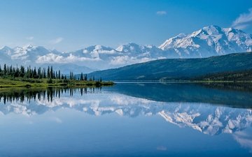 озеро, горы, отражение, аляска, национальный парк денали