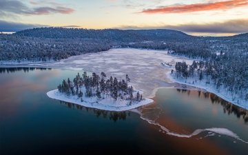 озеро, лес, зима, панорама, лёд, остров, финляндия, лапландия