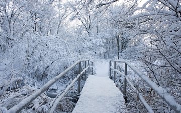река, снег, зима, пейзаж, мороз, мост