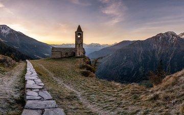 горы, пейзаж, швейцария, башня, церковь, альпы