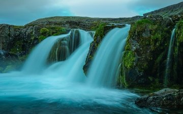 вода, камни, скала, водопад, поток, исландия, водопады