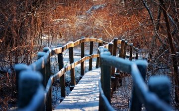 зима, тропа, деревянный мост