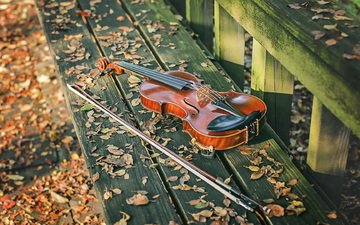 листья, скрипка, осень, лежит, скамейка, музыкальный инструмент, смычок