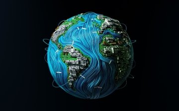 земля, провода, планета, мир, графика, сфера, черный фон, технологии