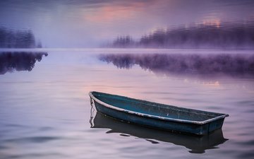 озеро, природа, туман, лодка